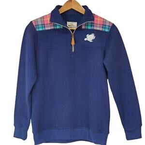Shelly Cove Save the Turtles 1/4 Zip Sweatshirt Navy Pink Green Plaid Small